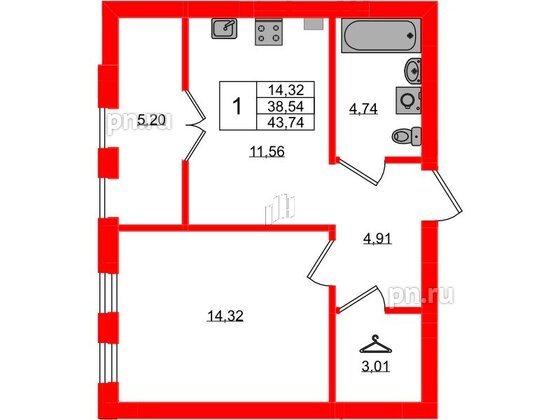 Квартира в ЖК «Включи», 1 комнатная, 43.74 м², 3 этаж