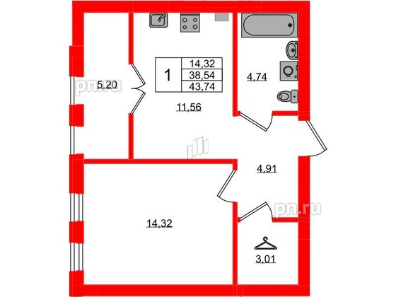 Квартира в ЖК «Включи», 1 комнатная, 43.74 м², 4 этаж