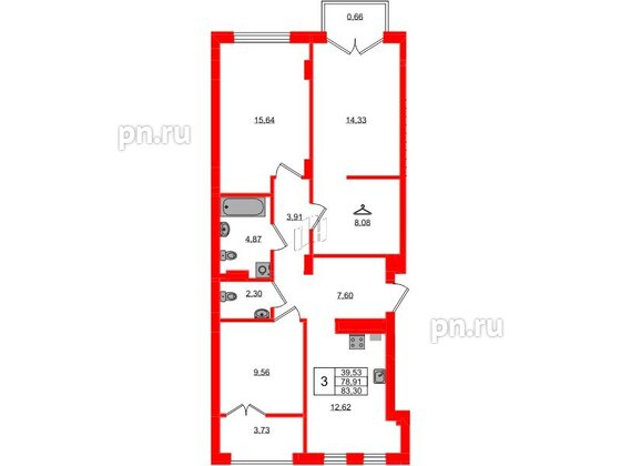 Квартира в ЖК «Включи», 3 комнатная, 83.3 м², 5 этаж