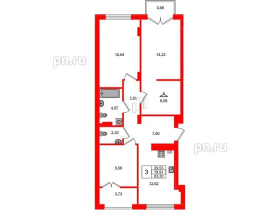 Квартира в ЖК «Включи», 3 комнатная, 83.3 м², 7 этаж