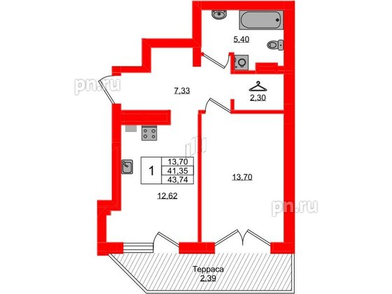 Квартира в ЖК «Включи», 1 комнатная, 43.74 м², 1 этаж