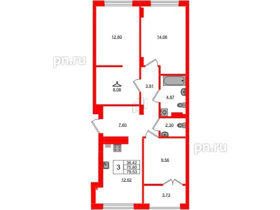 Квартира в ЖК «Включи», 3 комнатная, 79.53 м², 2 этаж