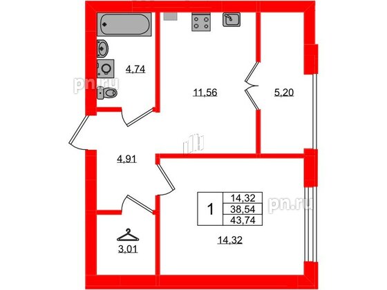 Квартира в ЖК «Включи», 1 комнатная, 43.74 м², 2 этаж