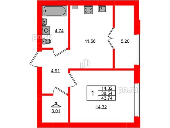 Квартира в ЖК «Включи», 1 комнатная, 43.74 м², 4 этаж