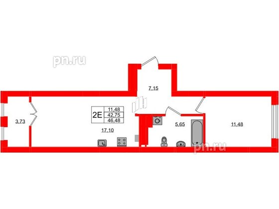 Квартира в ЖК «Включи», 1 комнатная, 46.48 м², 3 этаж