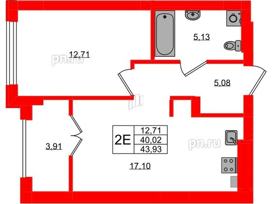 Квартира в ЖК «Включи», 1 комнатная, 43.93 м², 2 этаж