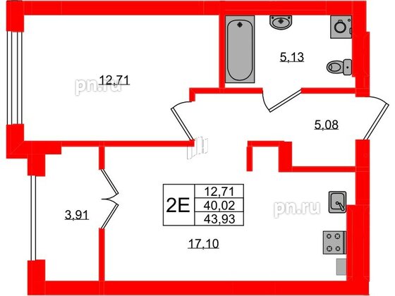 Квартира в ЖК «Включи», 1 комнатная, 43.93 м², 3 этаж