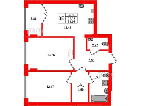 Квартира в ЖК «Включи», 2 комнатная, 64.98 м², 2 этаж