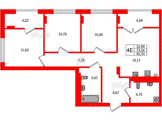 Квартира в ЖК «Включи», 3 комнатная, 82.33 м², 2 этаж