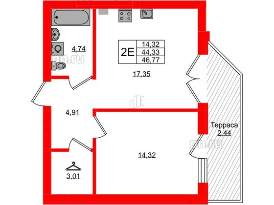 Квартира в ЖК «Включи», 1 комнатная, 46.77 м², 1 этаж