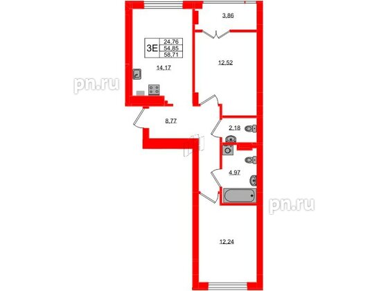 Квартира в ЖК «Включи», 2 комнатная, 58.71 м², 2 этаж