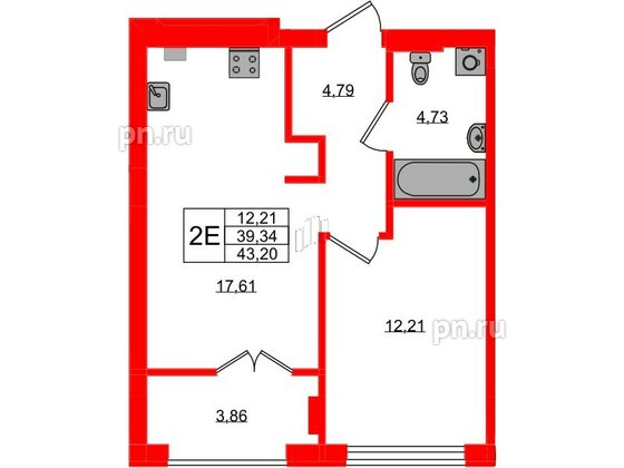 Квартира в ЖК «Включи», 1 комнатная, 43.2 м², 2 этаж