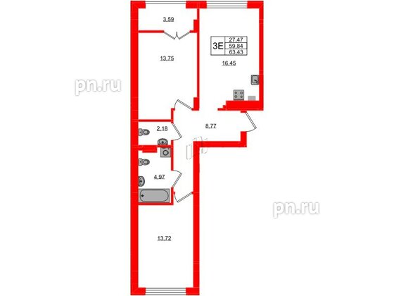 Квартира в ЖК «Включи», 2 комнатная, 63.43 м², 2 этаж