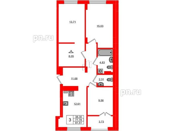 Квартира в ЖК «Включи», 3 комнатная, 81.51 м², 3 этаж