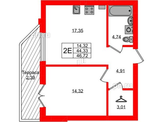 Квартира в ЖК «Включи», 1 комнатная, 46.72 м², 1 этаж