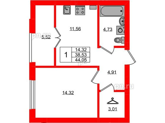 Квартира в ЖК «Включи», 1 комнатная, 44.05 м², 2 этаж