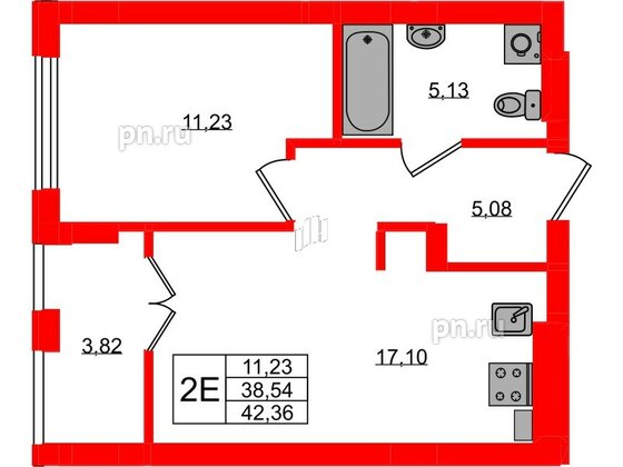 Квартира в ЖК «Включи», 1 комнатная, 42.36 м², 2 этаж