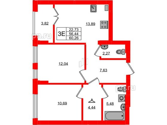 Квартира в ЖК «Включи», 2 комнатная, 60.26 м², 2 этаж