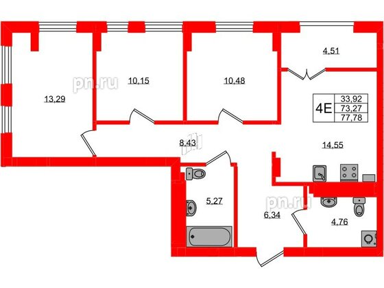 Квартира в ЖК «Включи», 3 комнатная, 77.78 м², 3 этаж