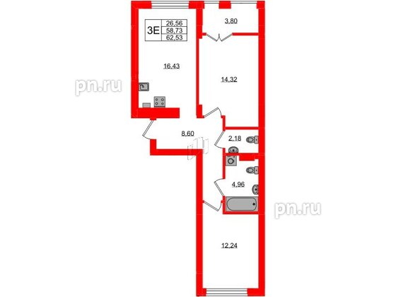 Квартира в ЖК «Включи», 2 комнатная, 62.53 м², 2 этаж