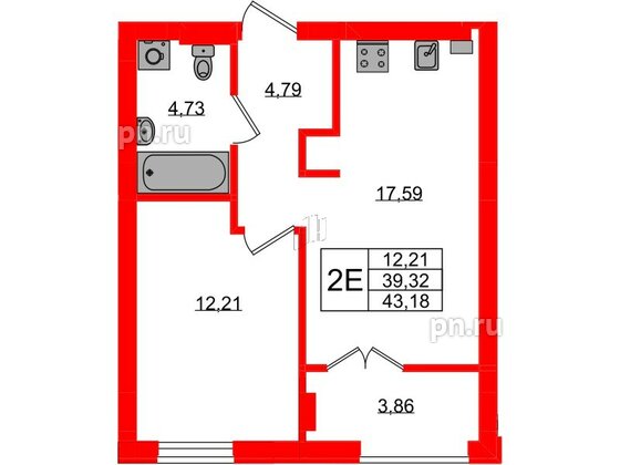 Квартира в ЖК «Включи», 1 комнатная, 43.18 м², 2 этаж