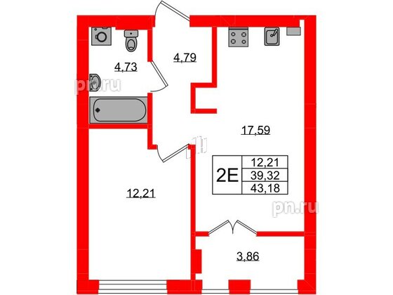 Квартира в ЖК «Включи», 1 комнатная, 43.18 м², 3 этаж