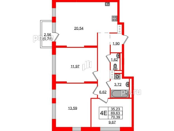 Квартира в ЖК Квартал Торики, 3 комнатная, 70.39 м², 2 этаж