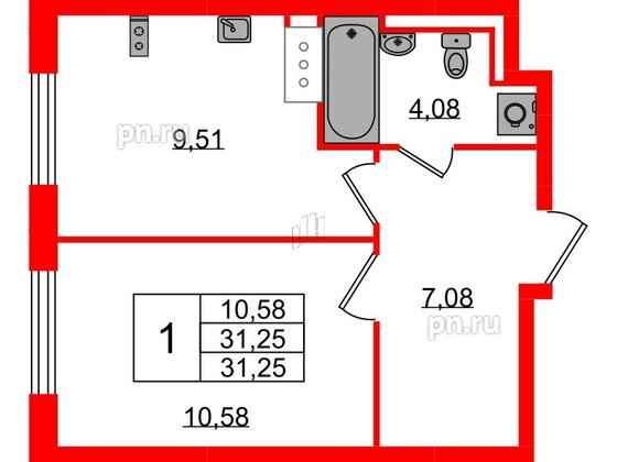 Квартира в ЖК Квартал Торики, 1 комнатная, 31.25 м², 10 этаж