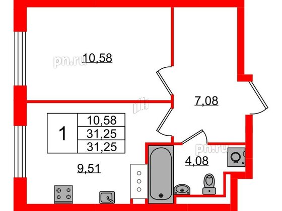 Квартира в ЖК Квартал Торики, 1 комнатная, 31.25 м², 3 этаж