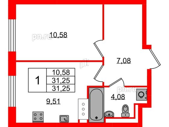 Квартира в ЖК Квартал Торики, 1 комнатная, 31.25 м², 7 этаж