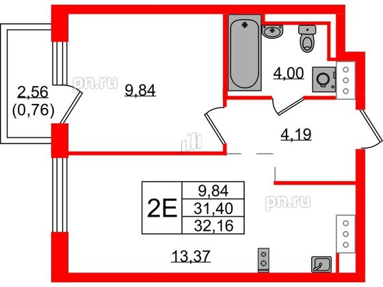 Квартира в ЖК Квартал Торики, 1 комнатная, 32.16 м², 7 этаж