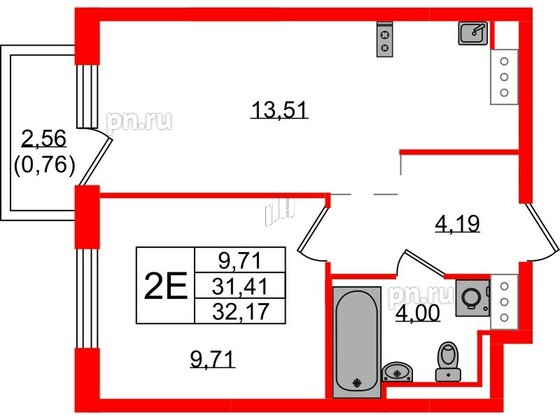 Квартира в ЖК Квартал Торики, 1 комнатная, 32.17 м², 2 этаж