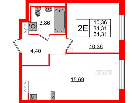 Квартира в ЖК Квартал Торики, 1 комнатная, 34.31 м², 2 этаж