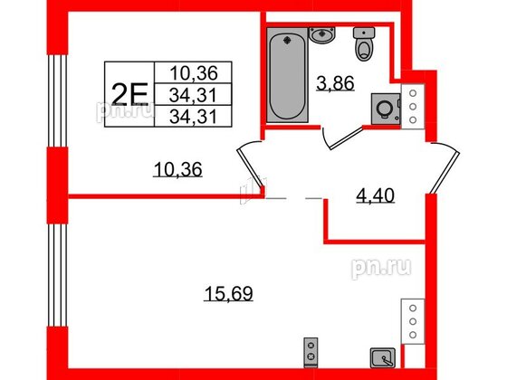 Квартира в ЖК Квартал Торики, 1 комнатная, 34.31 м², 7 этаж