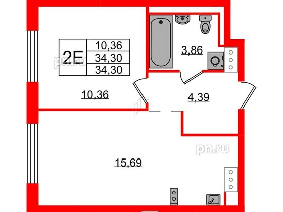 Квартира в ЖК Квартал Торики, 1 комнатная, 34.3 м², 2 этаж