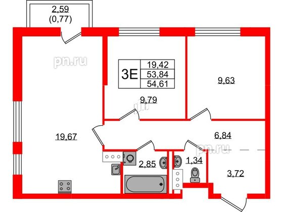 Квартира в ЖК Квартал Торики, 2 комнатная, 54.61 м², 3 этаж