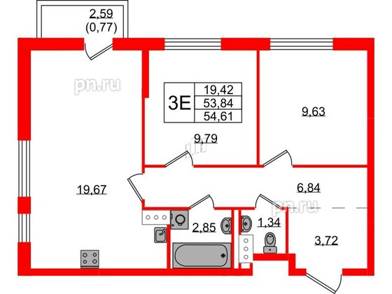 Квартира в ЖК Квартал Торики, 2 комнатная, 54.61 м², 7 этаж