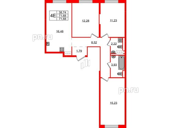 Квартира в ЖК Квартал Торики, 3 комнатная, 71.68 м², 2 этаж