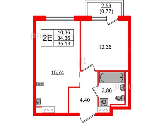 Квартира в ЖК Квартал Торики, 1 комнатная, 35.13 м², 4 этаж