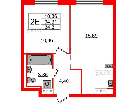 Квартира в ЖК Квартал Торики, 1 комнатная, 34.31 м², 2 этаж