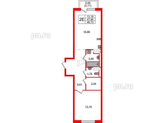 Квартира в ЖК Квартал Торики, 1 комнатная, 48.73 м², 9 этаж