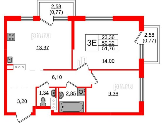 Квартира в ЖК Квартал Торики, 2 комнатная, 51.76 м², 3 этаж