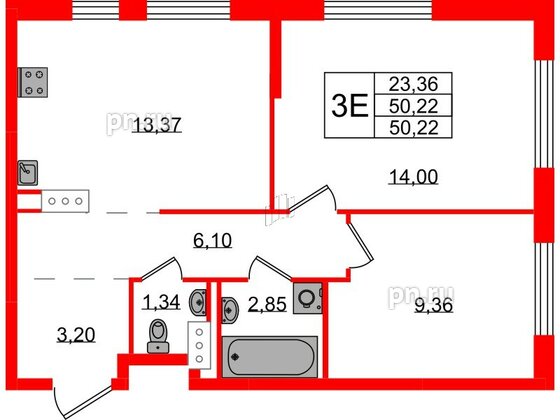 Квартира в ЖК Квартал Торики, 2 комнатная, 50.22 м², 10 этаж