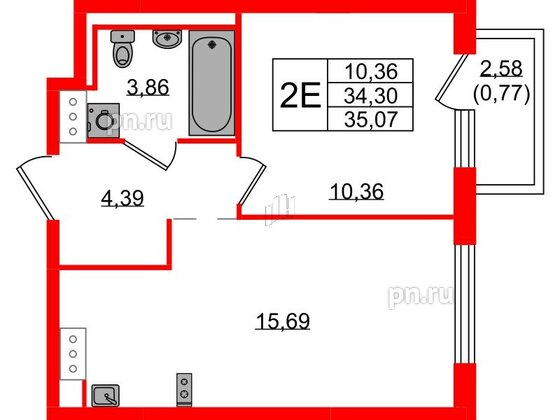 Квартира в ЖК Квартал Торики, 1 комнатная, 35.07 м², 2 этаж