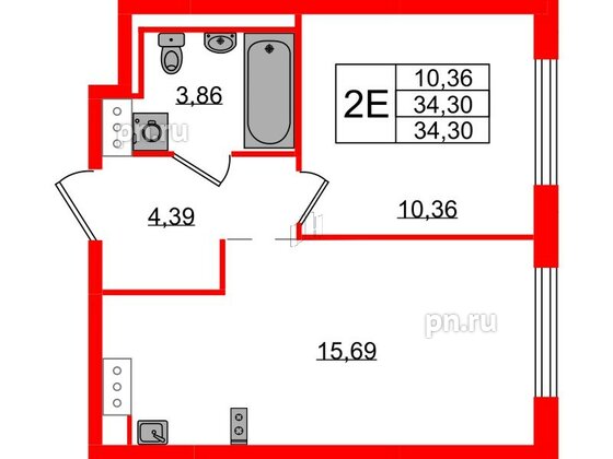 Квартира в ЖК Квартал Торики, 1 комнатная, 34.3 м², 13 этаж