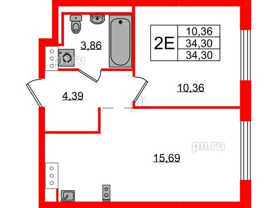 Квартира в ЖК Квартал Торики, 1 комнатная, 34.3 м², 2 этаж