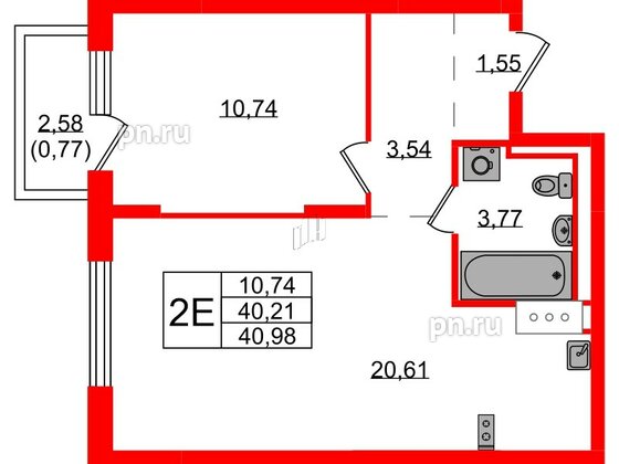 Квартира в ЖК Квартал Торики, 1 комнатная, 40.98 м², 2 этаж