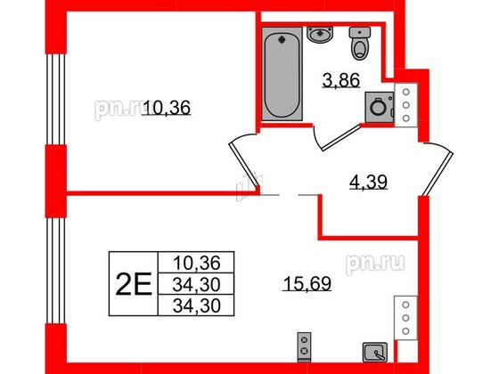 Квартира в ЖК Квартал Торики, 1 комнатная, 34.3 м², 2 этаж