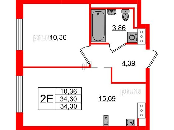 Квартира в ЖК Квартал Торики, 1 комнатная, 34.3 м², 10 этаж