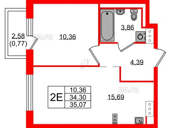 Квартира в ЖК Квартал Торики, 1 комнатная, 35.07 м², 13 этаж